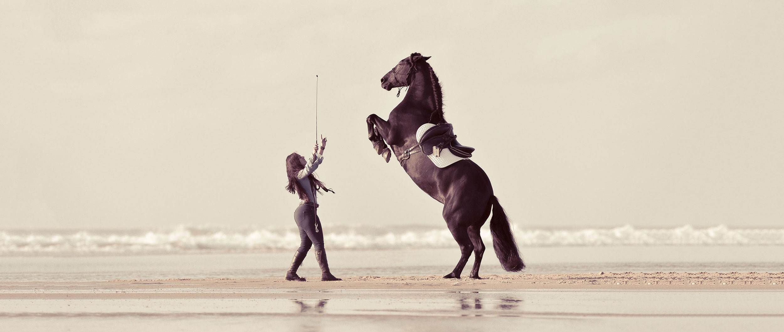 Frau mit Pferdedressurübung am Strand